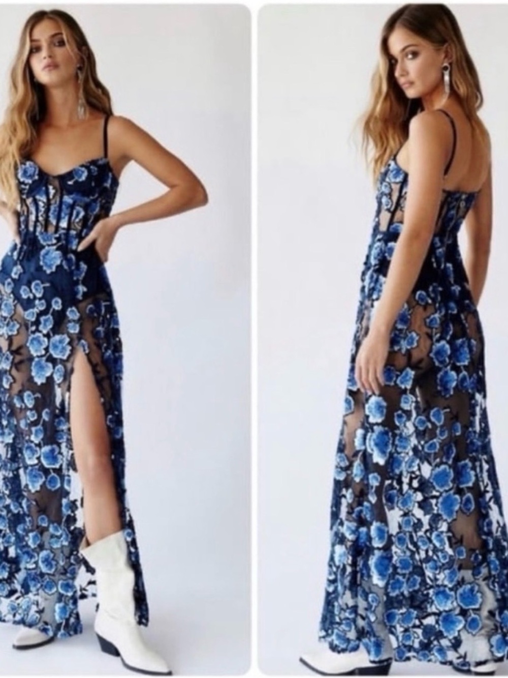 For Love & Lemons Blue Floral Embroidered Sheer Maxi Dress